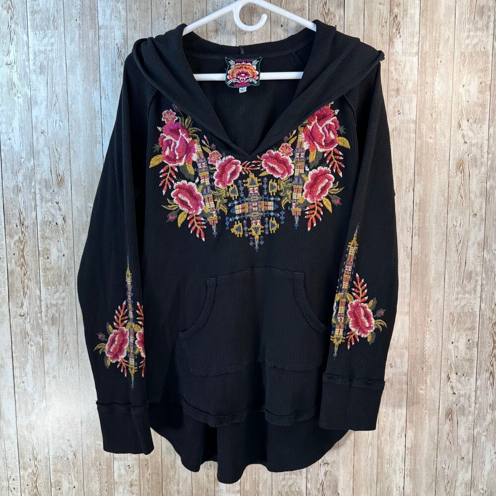 Johnny Was Thermal Hoodie Women L Black Embroidered Floral Waffle Knit Bohemian